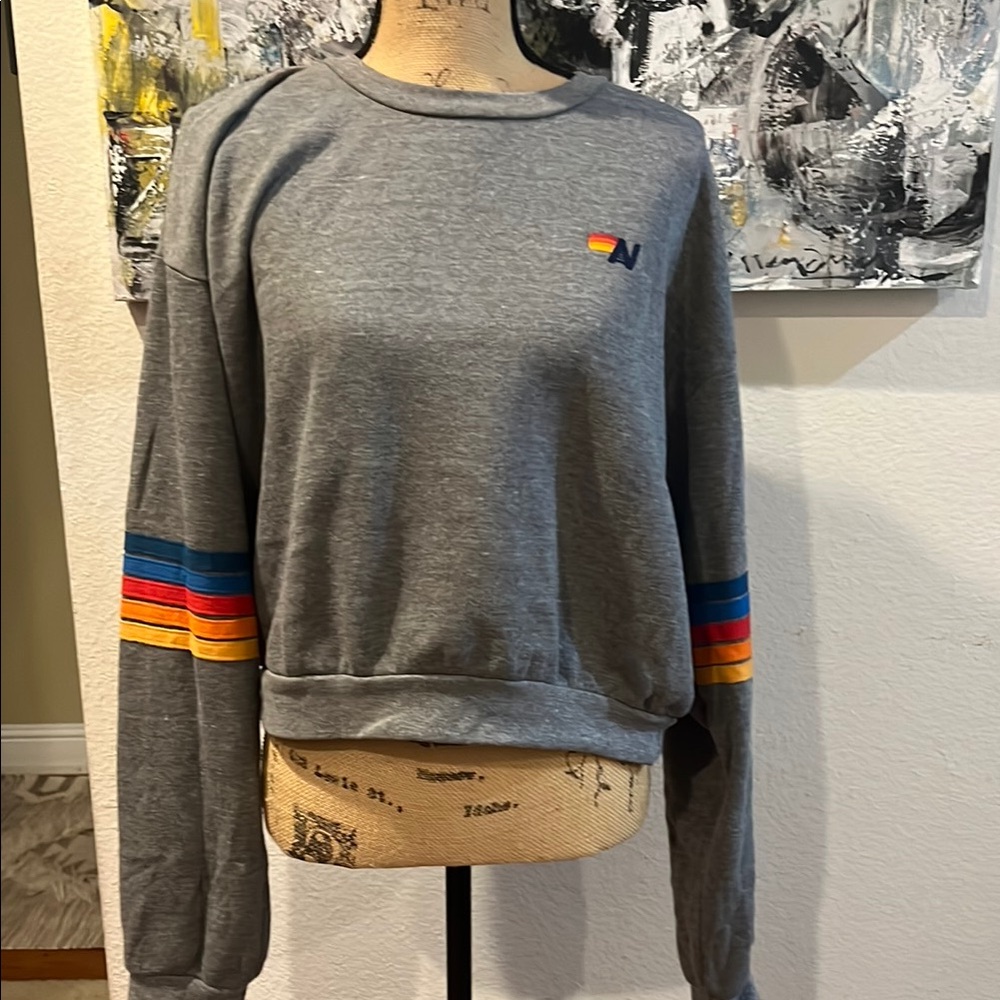 Aviator Nation Gray Crew Neck Sweater with Red Accents size S